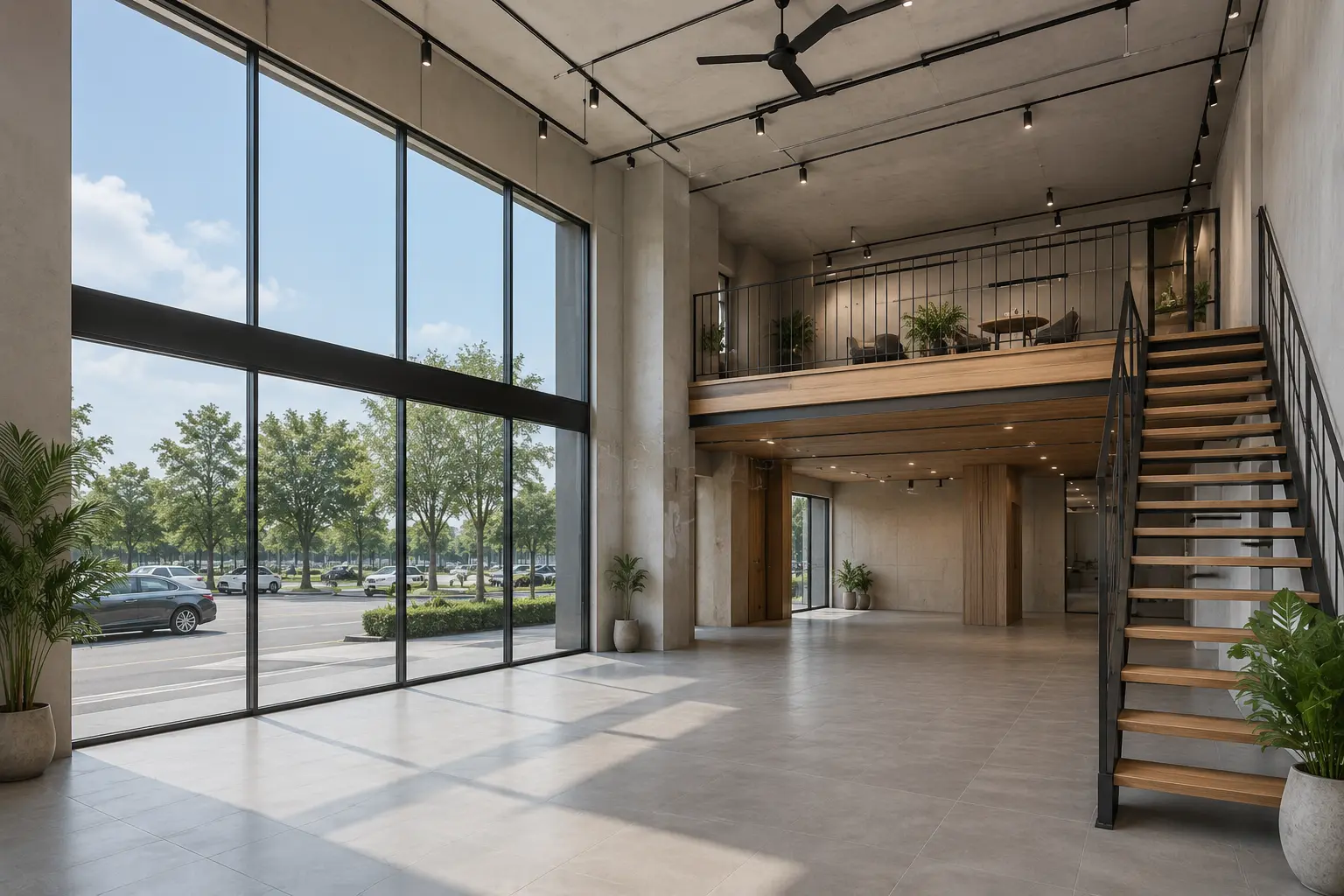 Flexible Bukit Tinggi shoplot interior with high ceiling, glazing and mezzanine